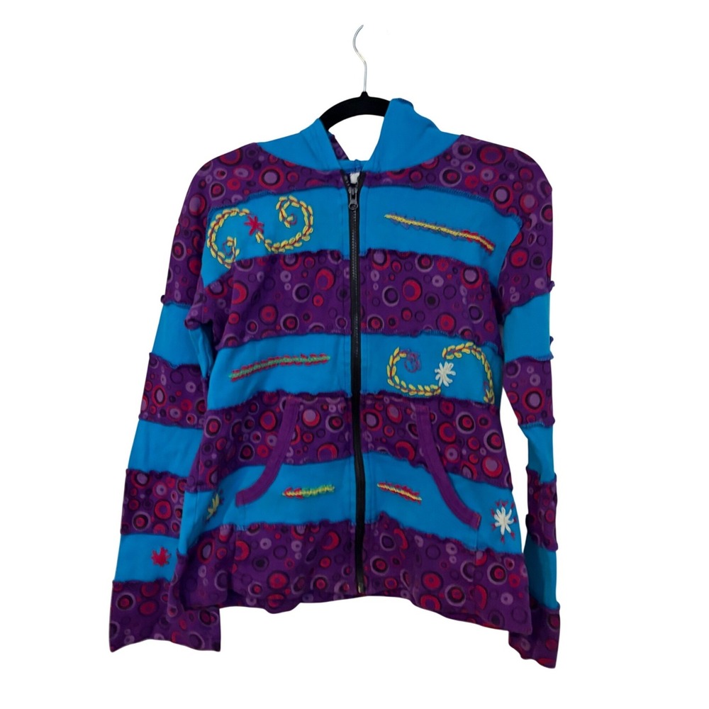 Boho Hippie Patchwork‎ Zip Up Hoodie Purple Blue Embroidered Festival